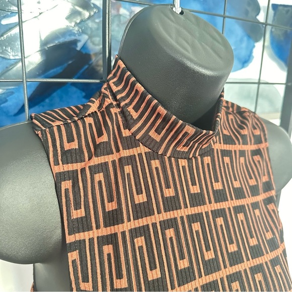 BROWN/BLACK PRINT DESIGN RIBBED MOCK NECK CUT OUT TOP & MIDI SKIRT SET - Picture 7 of 12